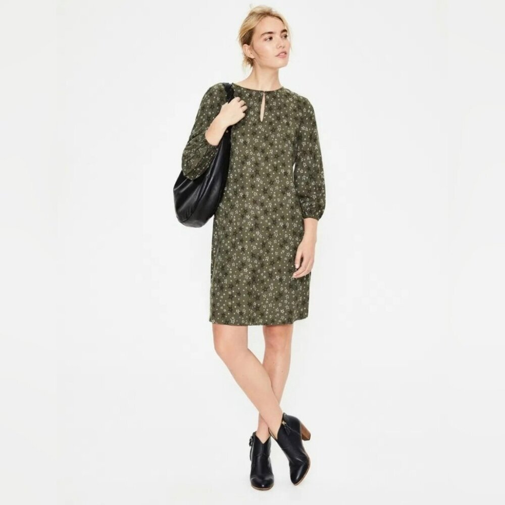 Boden Vanessa Shift Dress Women 6 Green Star‎ Pattern Long Sleeves Mini Short